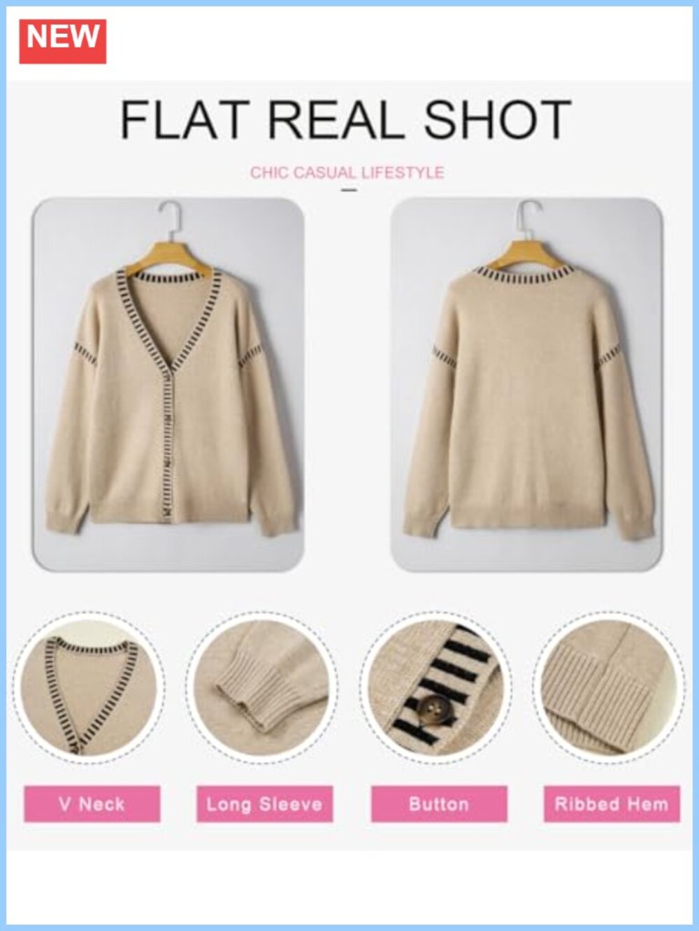 Oversized V-Neck Button Front Cardigan Sweater with Stripe Trim - Picture 4 of 6